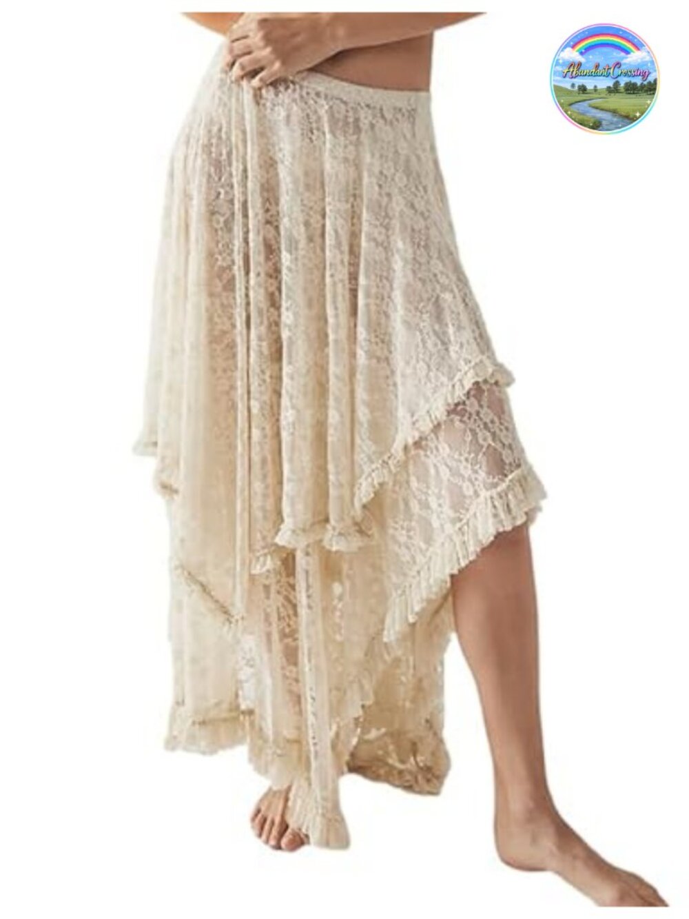 Lace Flowy Asymmetrical Boho Maxi Skirt Elastic Waist Ruffled Hem Beach Coverup